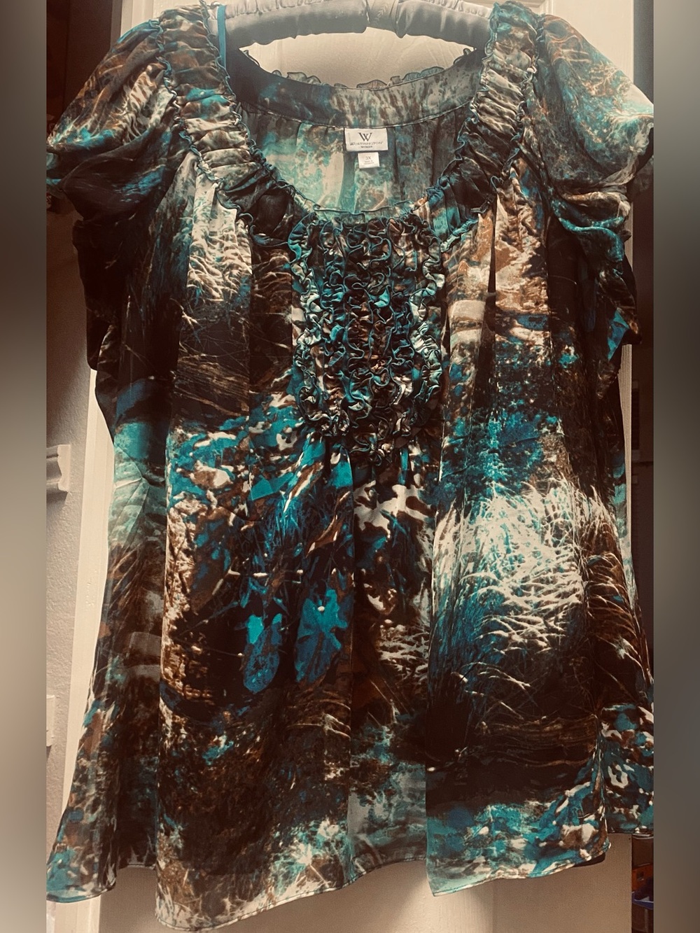 Teal and Brown Ruffle-Front Blouse with teal camisole 3x